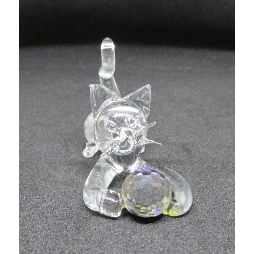 Hand brown Glass Cat Figurine Kitten with Crystal Ball Color Changing Yarn ball